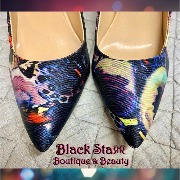 🦋Black w/colorful Butterfly pattern stilettos by Neiman Marcus. Sz 6.5 NEW - Picture 3 of 8